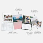 Distintos calendarios de pared con fotos personalizadas en varios tamaños y diseños. Las notas indican distintas opciones de tamaño.