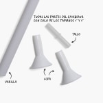 Surtido de accesorios para globos con foto, con varilla, vaso y tallo, con notas que especifican qué tamaño de globos se adapta a cada accesorio.
