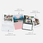 Cuatro calendarios de pared con foto en una variedad de tamaños y estilos. Una nota que lista los tamaños: clásico con encuadernado superior, pequeño con encuadernado superior, grande con encuadernado en el medio y clásico con encuadernado en el medio.
