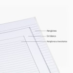 Una foto mostrando las páginas interiores de diferentes libretas, incluyendo una en blanco, una con renglones anchos y una con renglones universitarios.