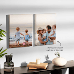 Dos lienzos con foto de 12” x 16” con marcos de madera mostrando fotos de una familia en la playa