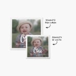 Dos servilletas con una foto de un niño de un año y un mensaje de cumpleaños con notas de que una es de tamaño mesa y la otra tamaño cóctel.