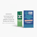 2 lonas retráctiles de tazones de poke de diseños coloridos junto al comentario de un cliente satisfecho que indica lo fácil que fueron diseñarse y colocarse.