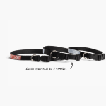 Tres collares para perro personalizados con una nota que dice que hay 3 tamaños ajustables.
