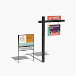 Un cartel para inmobiliarias colorido con una placa de información en la parte inferior y un poste colonial con un cartel para exteriores y una placa de información en la parte superior.