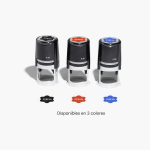 3 sellos redondos autoentintables que muestran las diferentes opciones de color disponibles: negro, rojo y azul.