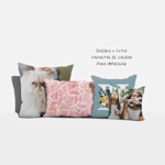 Cuatro almohadas personalizadas en diferentes tamaños y estilos, con una nota que indica que se pueden imprimir diseños o fotos.