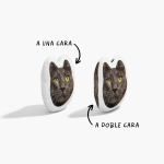 Cojines con la cara del mismo gato, con una nota que indica que se pueden imprimir a una o dos caras.