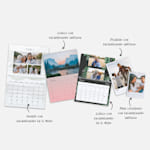 Cinco calendarios de pared con foto en una variedad de tamaños y estilos. Una nota que lista los tamaños: clásico con encuadernado superior, pequeño con encuadernado superior, grande con encuadernado en el medio y clásico con encuadernado en el medio.