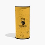 La parte de adelante de un mostrador promocional redondo con el tema de un gimnasio color amarillo.