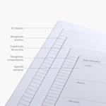 Las páginas interiores de diferentes libretas, incluyendo una en blanco, una con renglones anchos, una con cuadrícula de puntos, una con renglones universitarios y una agenda semanal. 