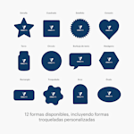 The available sticker shapes, including star, square, starburst, heart, jar, circle, text bubble, hexagon, rectangle die-cut, arch and oval, with a note that reads, “12 shapes available, including a custom die-cut option.”