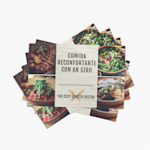 Un conjunto de manteles individuales de un bistro que muestran algunos de los artículos del menú y le indican a los clientes que la comida es orgánica.