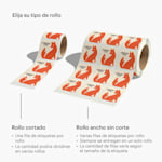 Un rollo de etiquetas cortado junto a un rollo de etiquetas ancho sin corte con dos adhesivos por fila, con notas que indican los diferentes tipos y pidiendo a los clientes que elijan su acabado preferido.