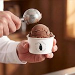 Helado de chocolate en un vaso de papel con un logotipo. 