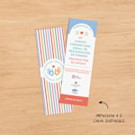 Vista del anverso y reverso de un marcapáginas personalizado para la décima edición de una recaudación de fondos comunitaria, con una nota que indica que se ofrece la opción de impresión a dos caras. 