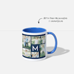 Una taza con asa azul y el interior personalizado con fotos de familia, además de una nota que indica que es apta para el lavavajillas y el microondas. 