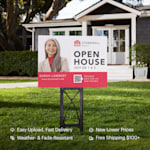 A yard sign in front of a home promoting an open house. Highlighted benefits include new lower prices, weather & fade resistant material, easy upload and fast, free shipping.