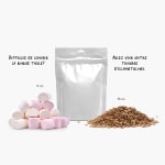 Photo montrant 8 oz de guimauves et 16 oz de lentilles à côté d’une pochette tenant debout pour se représenter l’échelle.