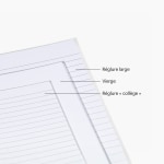 Une photo montrant les pages intérieures de différents cahiers, notamment vierges, à interligne large et à interligne simple.
