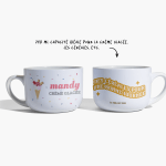 Deux tasses à soupe côte à côte; l’une est personnalisée avec un graphisme de crème glacée et l’autre avec un graphisme sur les céréales, avec une note indiquant que le volume de 740 ml est également idéal pour la crème glacée, les céréales et plus.