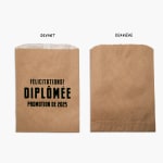 Vue avant et arrière d’un mini sac cadeau en papier kraft, avec des notes indiquant le devant et l’arrière.