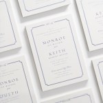 Un faire-part de mariage typographique avec une police classique et une bordure élégante.