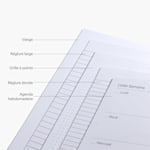 Pages intérieures de différents cahiers, notamment vierges, à réglure large, grille à points, réglure étroite et agenda hebdomadaire. 