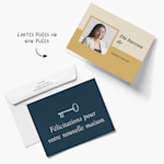 Deux cartons de correspondance professionnels, un d’un spécialiste comptable et un d’une entreprise immobilière. Une remarque disant que les options plates et pliées sont disponibles. 