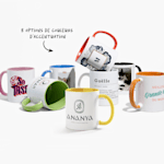 Une collection de sept tasses personnalisées avec des photos et des graphismes, avec une note précisant qu’il y a huit options de couleurs d’accent disponibles. 