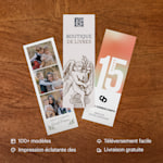 Trois signets personnalisés pour une librairie, une société de service-conseils et une famille. Points clés : Des centaines de modèles, téléversement de photos facile, photos et logos en couleurs éclatantes, et livraison gratuite dès 100 $ de commande. 