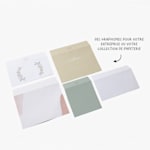 Des enveloppes personnalisées imprimées avec différents graphismes et couleurs, avec la note « Des graphismes pour votre entreprise ou votre collection de papeterie ». 