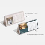 Deux calendriers à poser rectangulaires avec photos en couleur et une note indiquant qu’il existe des graphismes pour la maison et pour l’entreprise.