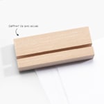 Un support en bois avec une fente où placer une plaque photo, avec une note indiquant que le socle en bois est inclus.