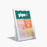 Des flyers pour un service de promenade de chiens dans un présentoir en plastique de format A4.