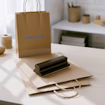 Un tampon en caoutchouc et des sacs en papier kraft personnalisés promouvant une entreprise de vente au détail appelée Pom Pom.