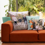 Tre cuscini personalizzati con una foto di famiglia, un design grafico con delle arance e la foto di un gatto.