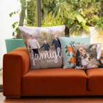 Tre cuscini personalizzati con una foto di famiglia, un design grafico con delle arance e la foto di un gatto.