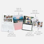 Un assortimento di calendari da parete personalizzati con foto, in vari formati e con diversi design. Su delle note c’è scritto che sono disponibili diversi formati.