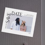 Een save-the-date-magneet met een foto van een stel.
