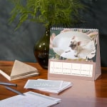 Een vierkante bureaukalender met een hond erop.
