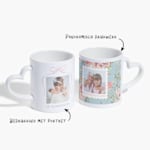 Twee mokken met hartvormig oor, de ene bedrukt met een achternaam en de andere gepersonaliseerd voor een oma. Een notitie geeft aan dat zowel bedrukking met een portret als panoramisch drukwerk mogelijk is.