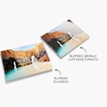 Duas impressões em alumínio ambas com fotos de paisagens. Texto a informar que existem duas opções de materiais, sendo estas alumínio escovado e alumínio branco com revestimento.