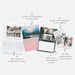 Vários calendários de parede com fotografias personalizadas em diversos tamanhos e designs. As notas destacam as diferentes opções de tamanho.