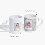 Två muggar med hjärtformade handtag, den ena med ett efternamn på och den andra specialdesignad till en mormor. En kommentar som visar att det går att få både porträttryck och panoramatryck.