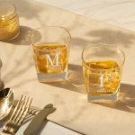 Two tumbler glasses personalised with a monogram and names.