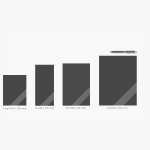 Four different notepad sizes, relative to a ballpoint pen: small, DL, A5 and A4.