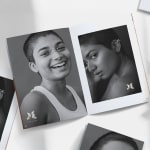 A spread out A4 booklet featuring black and white portraits of a model.