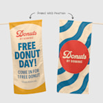 A wall flag promoting a donut shop, featuring a printed front and back.