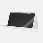 Ein rechteckiger Tischkalender. Tischkalender 2026 selbst gestalten: Maßangaben von 10,5 hoch, 21 cm breit und 6 cm tief nach dem Aufbau. 